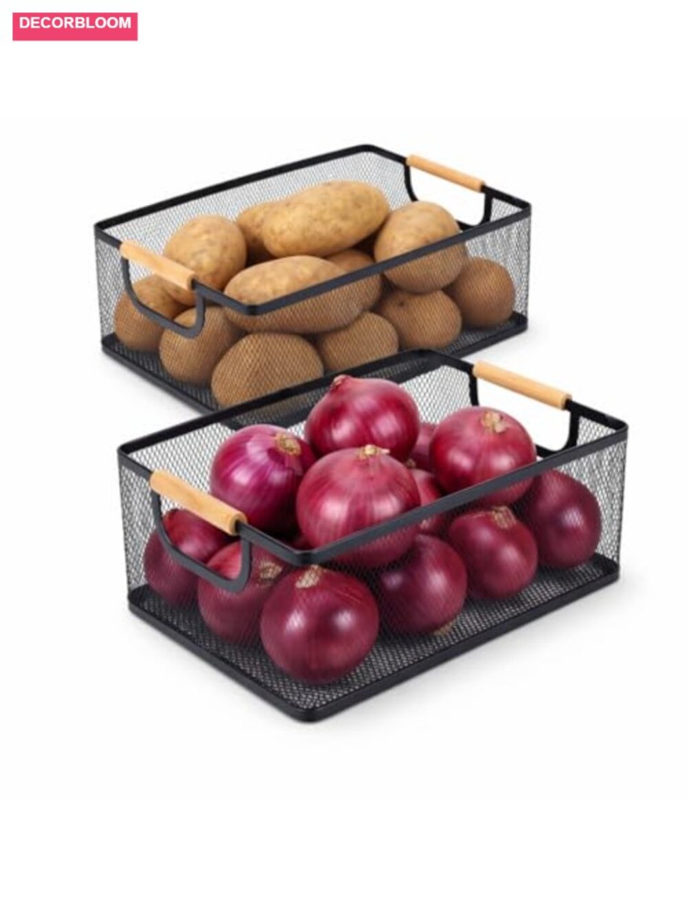 2-Piece Metal Mesh Storage Basket Set with Wood Handles Ventilated Kitchen